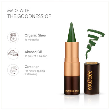 SoulTree Ayurvedic Kajal | Moss Velvet Kajal 002 | Green Shade | Enriched with 100% Organic Ghee, Almond Oil & Camphor | Soothe, Cool & Nourish Eyes | 3gm